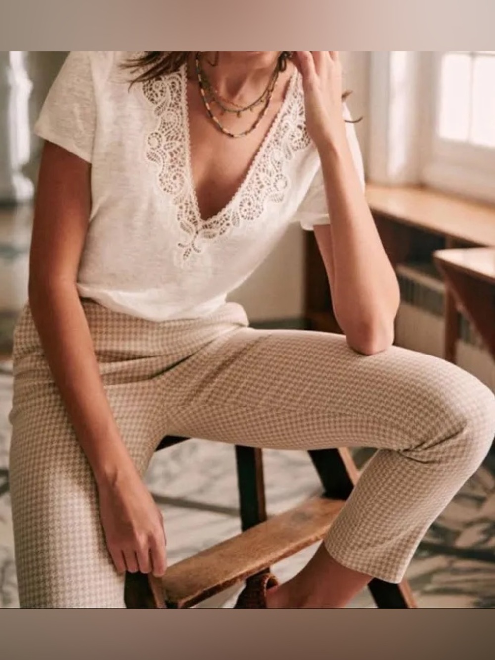 Sézane Clara Houndstooth Cropped Trousers Beige Cream Size 34